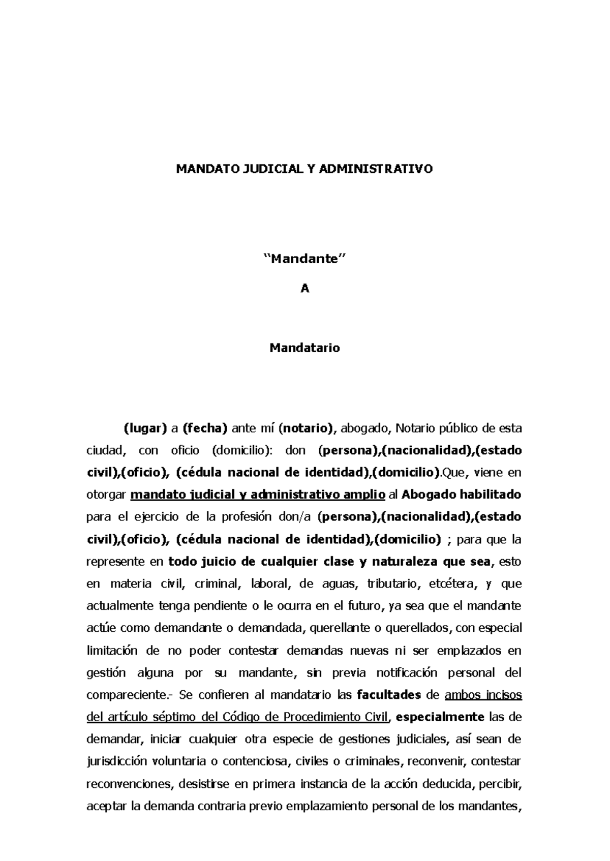 Mandato - MANDATO JUDICIAL Y ADMINISTRATIVO “Mandante” A Mandatario ...