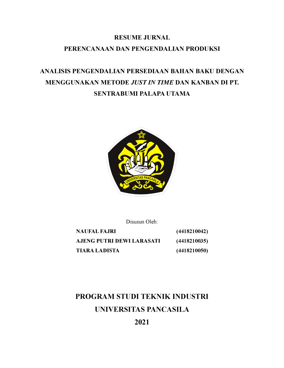 Resume Jurnal Just In Time RESUME JURNAL PERENCANAAN DAN PENGENDALIAN