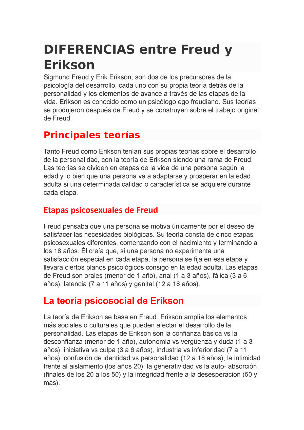 Diferencias entre Freud y Erikson conceptos basicos DIFERENCIAS