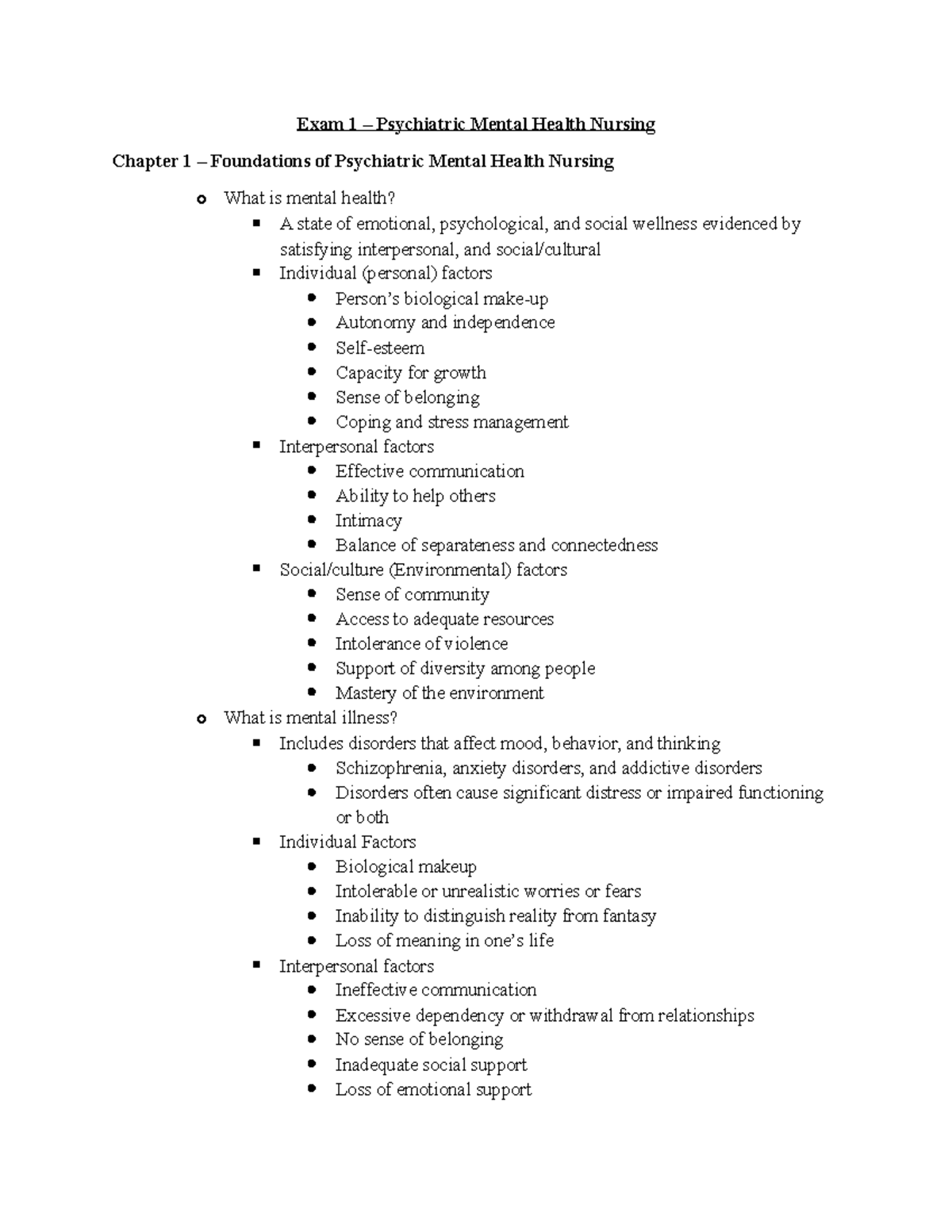 Exam 1 Behavioral Health Study Guide - Exam 1 – Psychiatric Mental ...