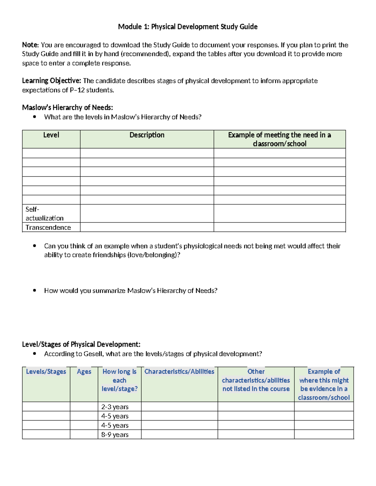 Chapter 1 - Module 1: Physical Development Study Guide Note: You Are 