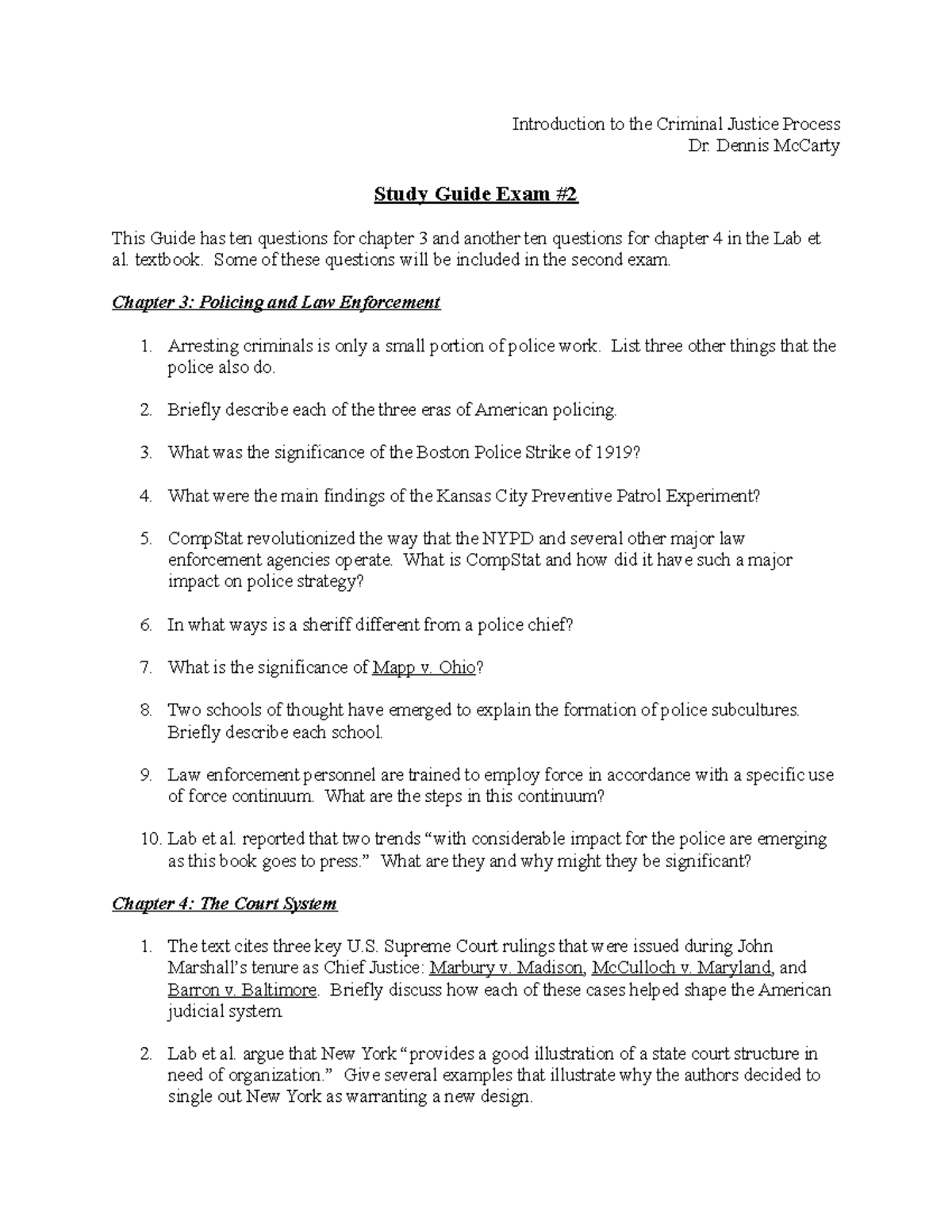 CRJ 201: Study Guide for Exam 2 - Introduction to the Criminal Justice ...