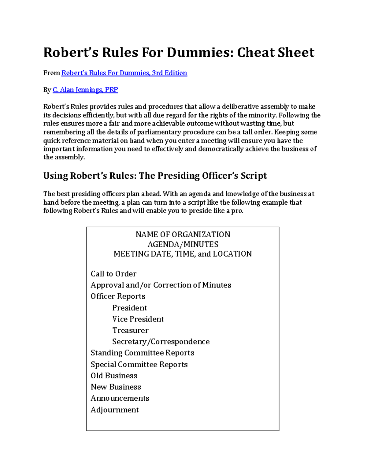 Roberts Rules of Order Cheat Sheet - Robert’s Rules For Dummies: Cheat ...