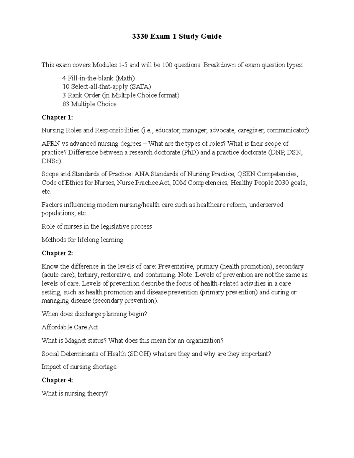 NUR 3330 Exam 1 Study Guide - 3330 Exam 1 Study Guide This exam covers ...