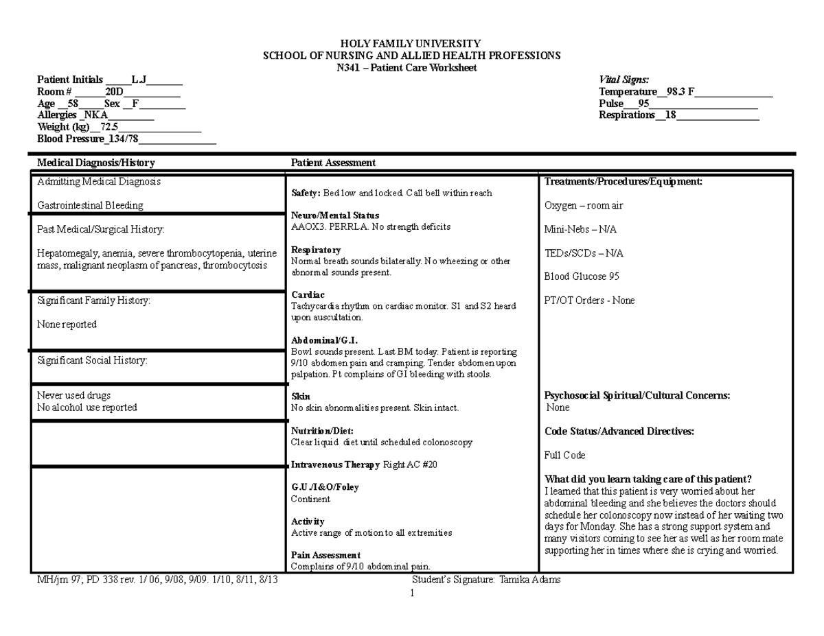 Patient Care Worksheet 3 - HOLY FAMILY UNIVERSITY SCHOOL OF NURSING AND ...