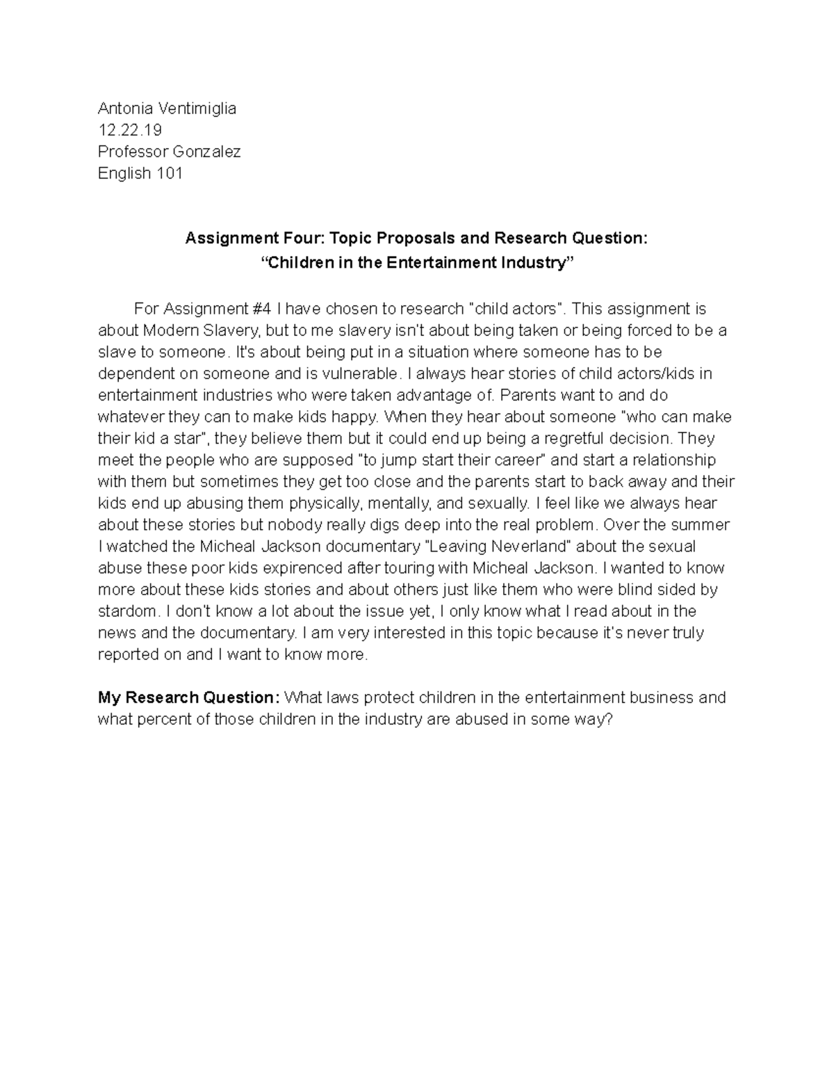 Eng 101 assignment #4 - Topic Proposals and Research Question ...