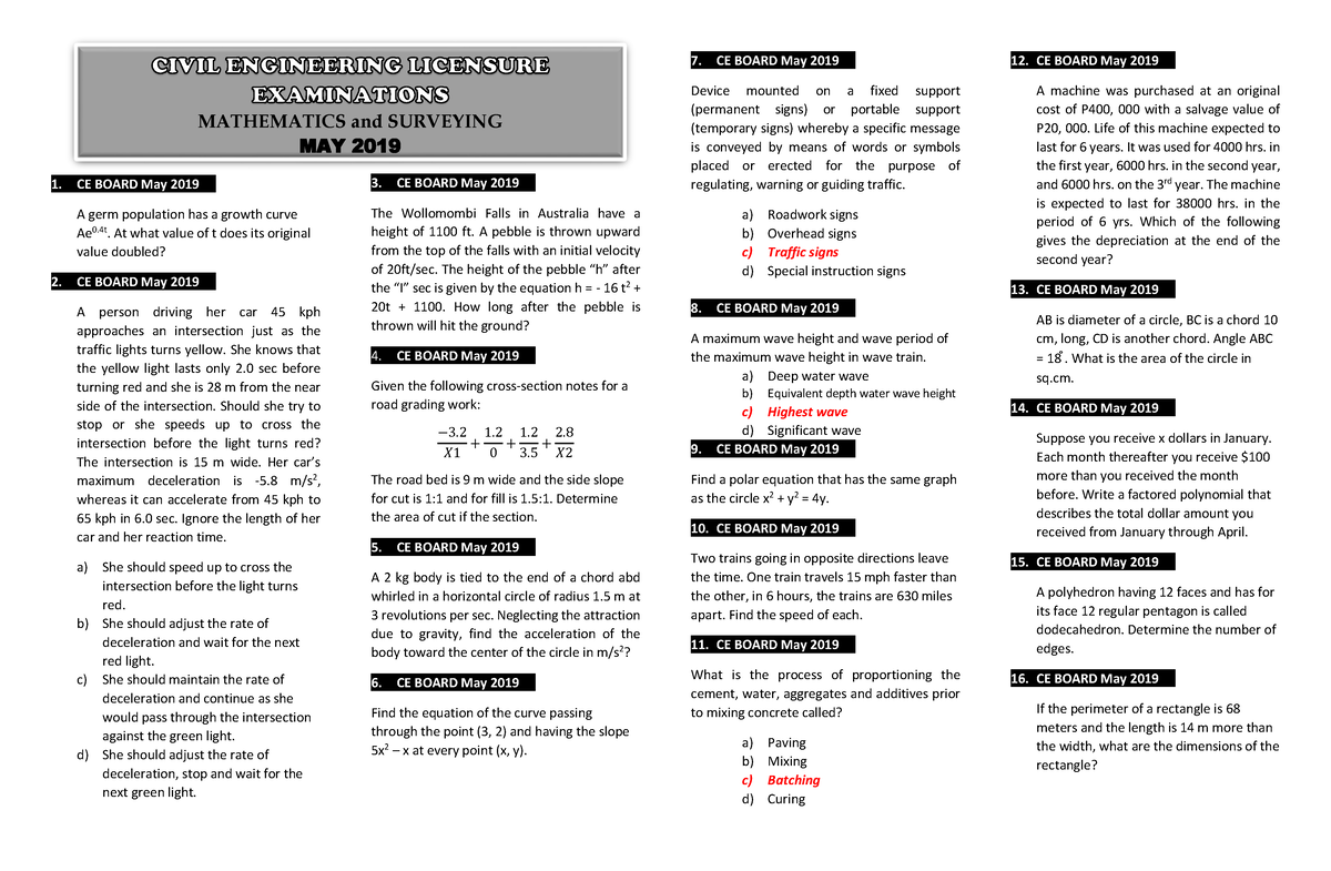 Past CE Board exam (May 2019) MATHEMATICS and SURVEYING MAY 2019 1