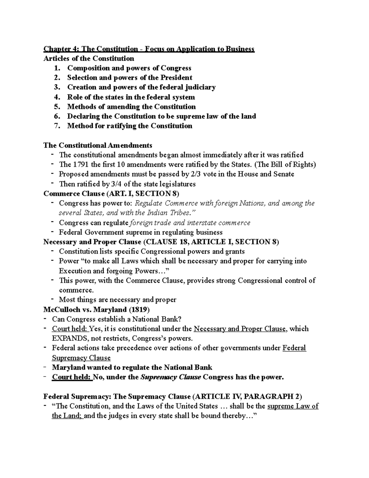 FINA2244 Chpt 4 - Chapter 4 Lecture notes - Chapter 4: The Constitution ...