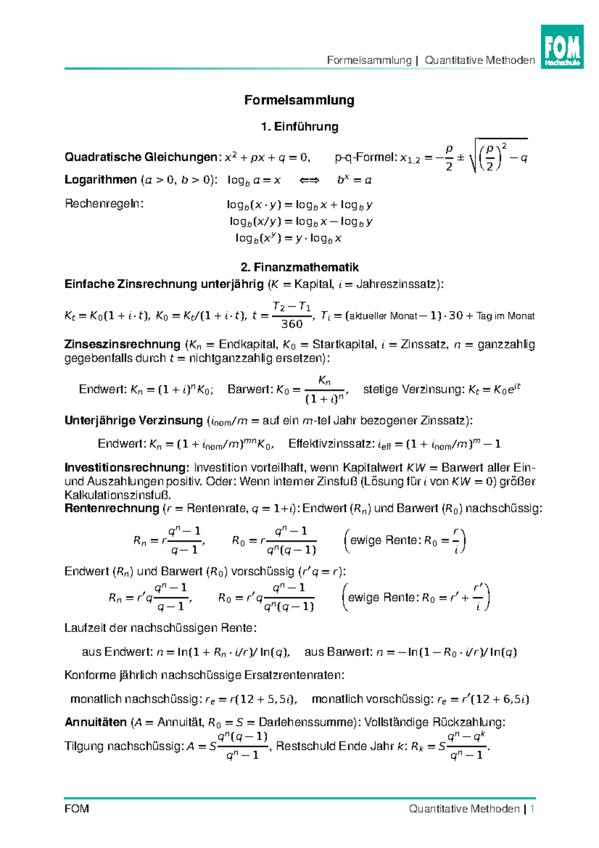 Formelsammlung Quantitative Methoden Mathematik/Statistik ...