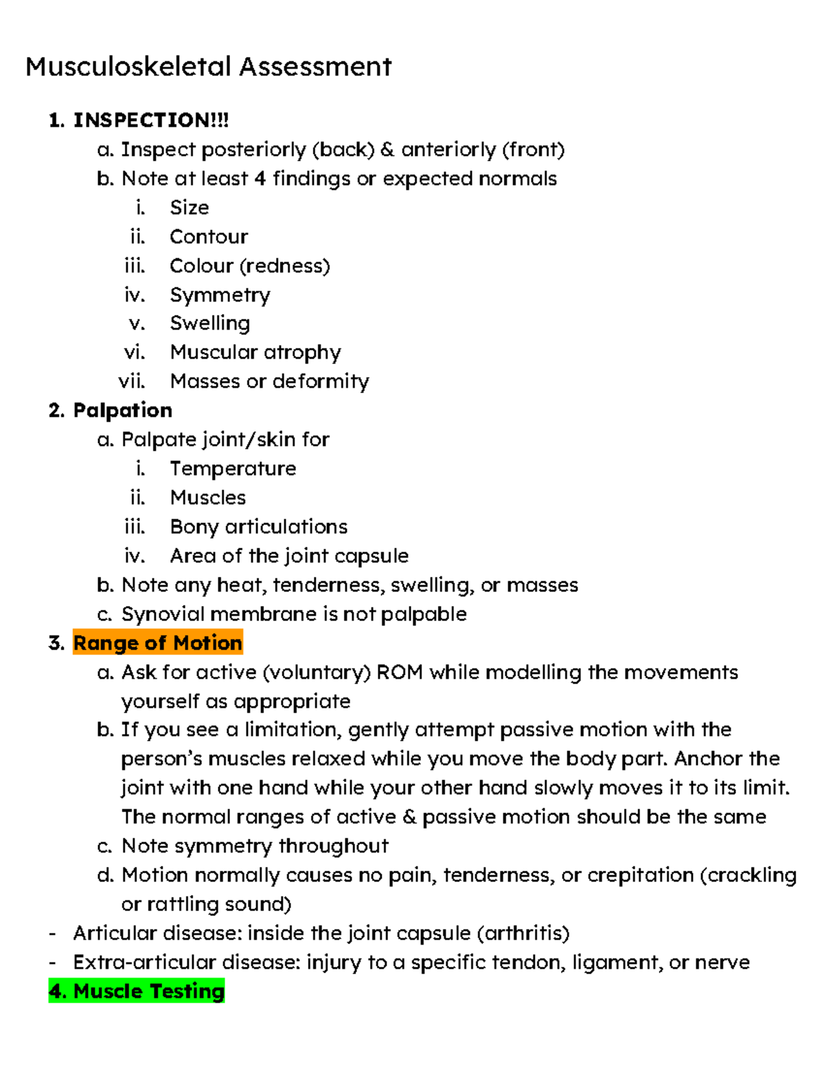 OSCE Study - Musculoskeletal Assessment 1. INSPECTION!!! a. Inspect ...