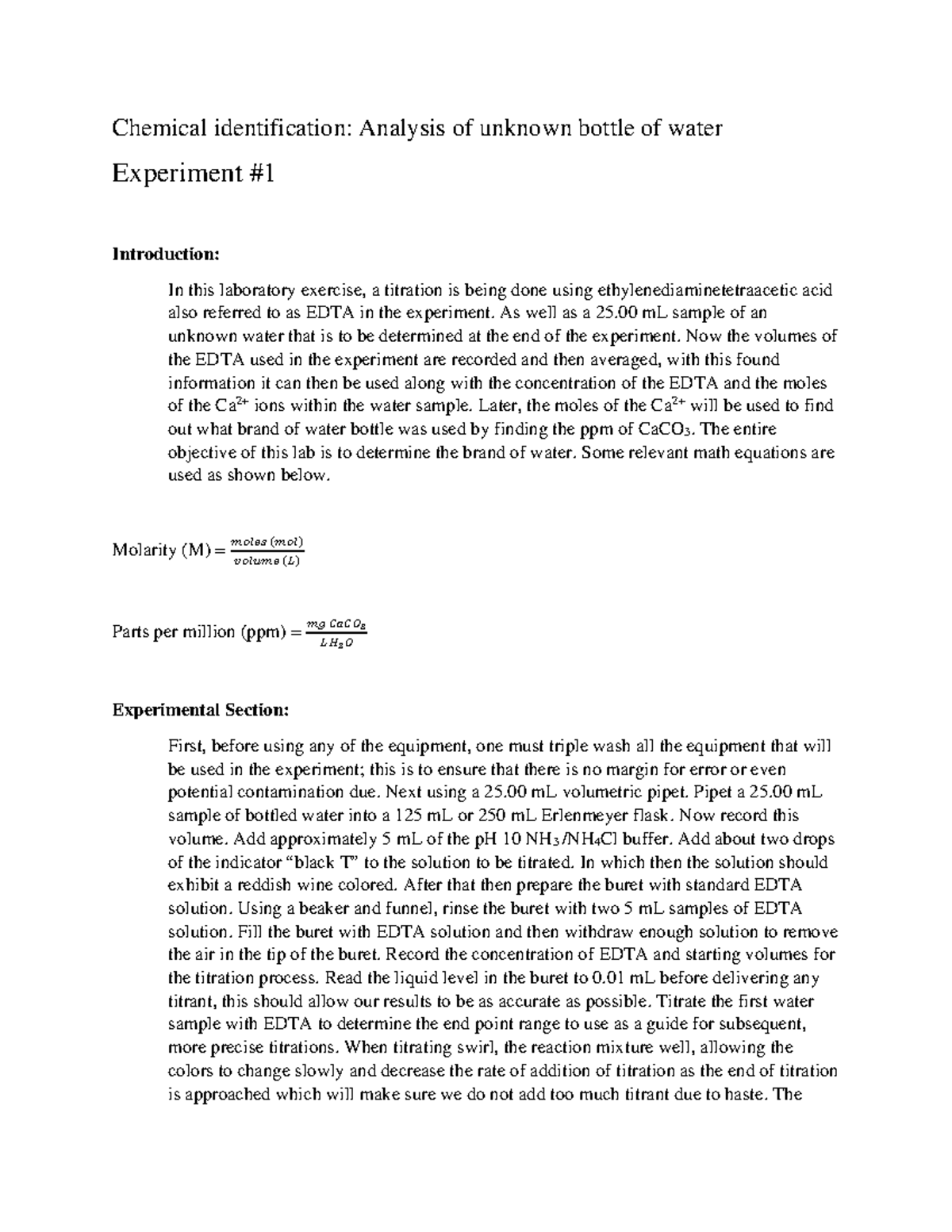 Chemical Identification Analysis of Uknown Bottled Water report - Final ...