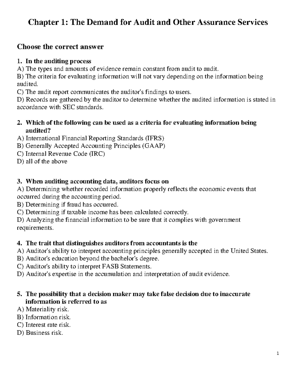 Chapter 1 Questions Auditing And Assurance - Chapter 1: The Demand For ...