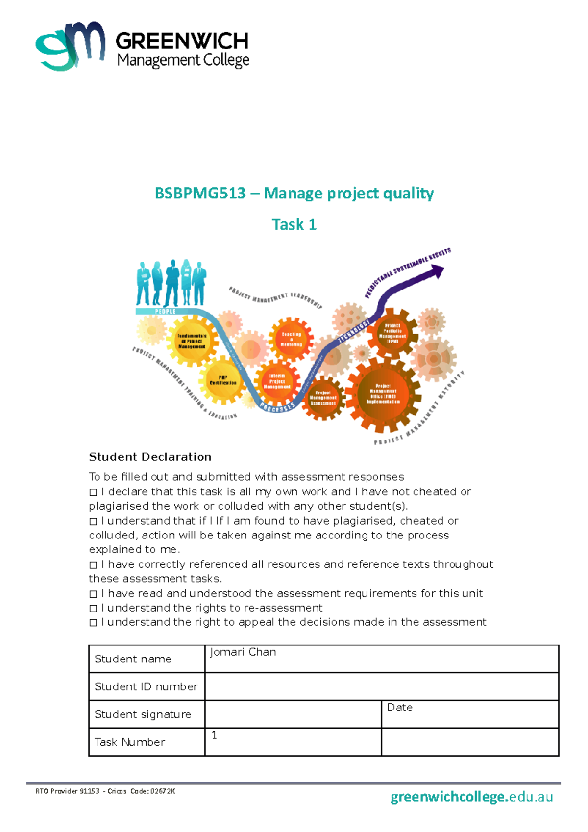 Bsbpmg 513 Task 1 - Project Management - Student Declaration To be ...