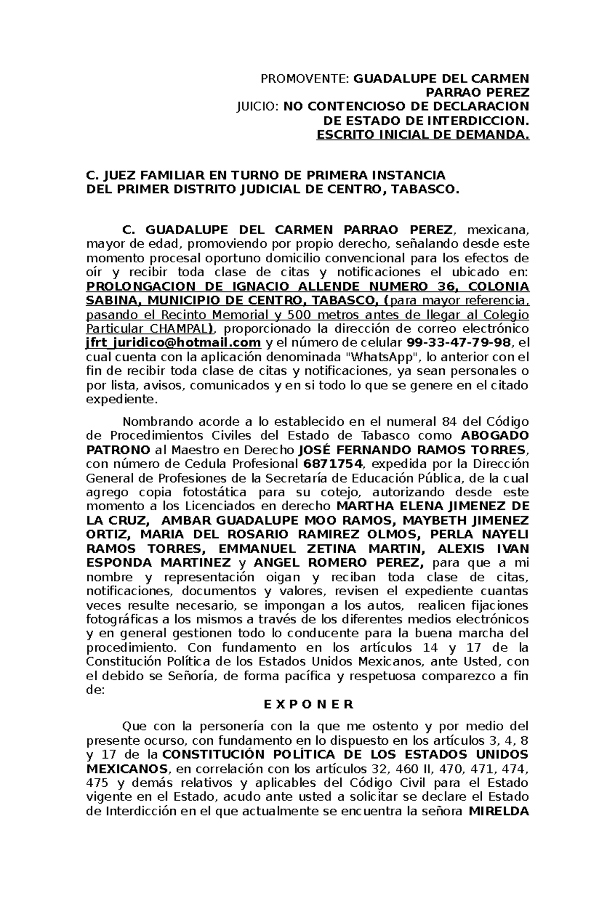 Demanda De Interdicción Promovente Guadalupe Del Carmen Parrao Perez