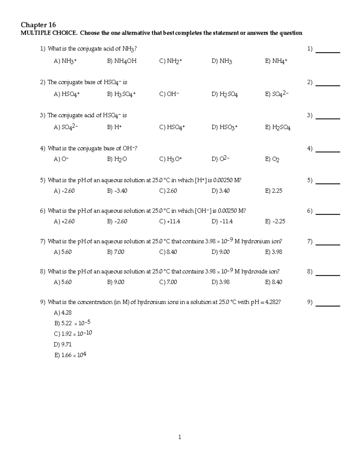 Aqueous Equilibira Multiple Choice - Chapter 16 MULTIPLE CHOICE. Choose ...