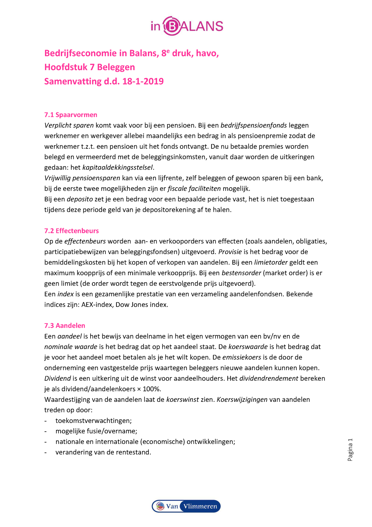 B-E In Balans, 8e Druk, Havo, 7 Beleggen - Samenvatting - Pagina 1 ...