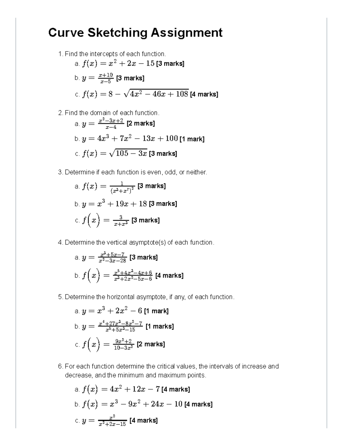 Unit 3 - Curve Sketching Assignment - Curve Sketching Assignment 1 ...