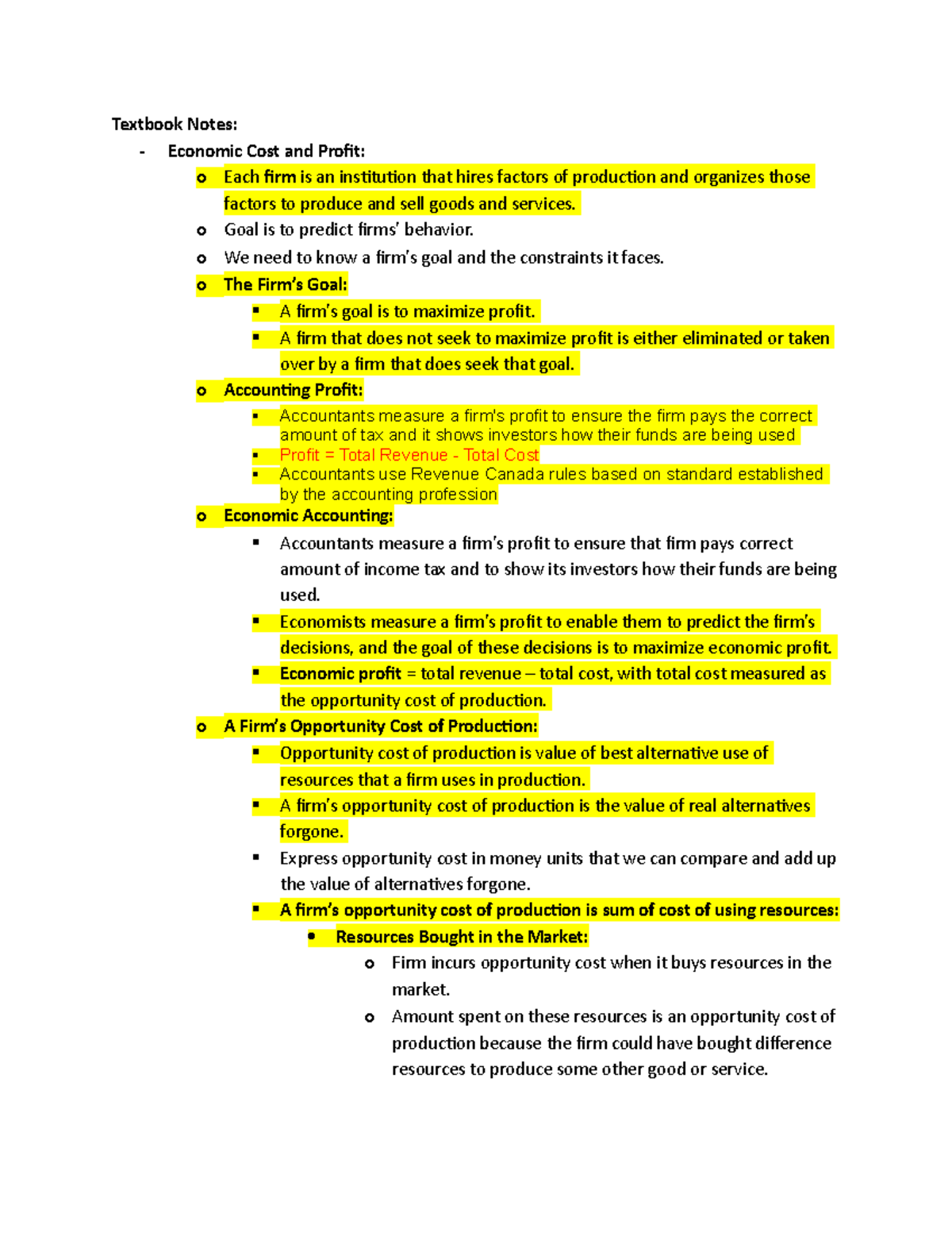 Chapter 10 Textbook Notes - Textbook Notes: - Economic Cost and Profit ...