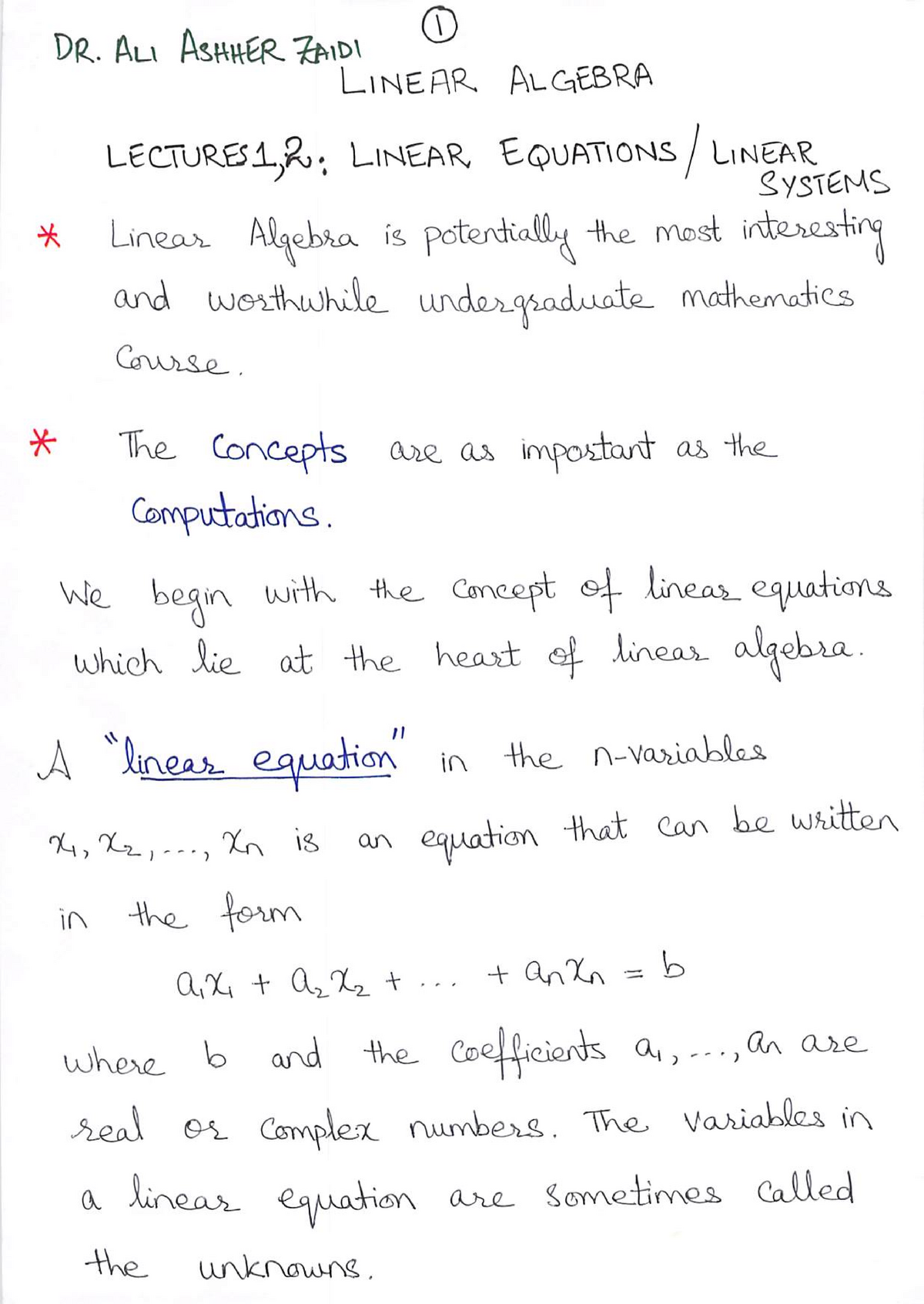 LA Lectures 1,2 - Lecture Notes 1-2 - Linear Algebra - Studocu