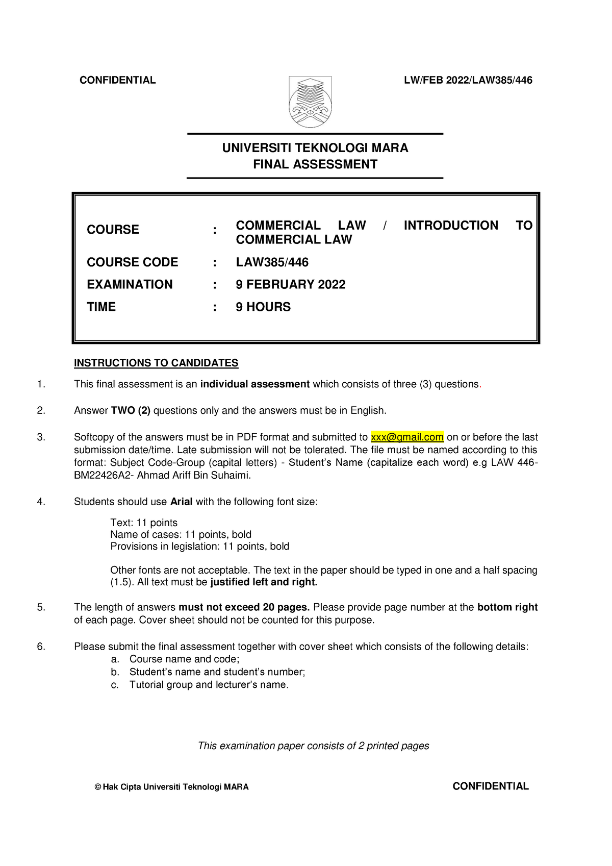 Faculty LAW 2022 Session 1 - Degree LAW446 - CONFIDENTIAL 1 LW/FEB 2022 ...