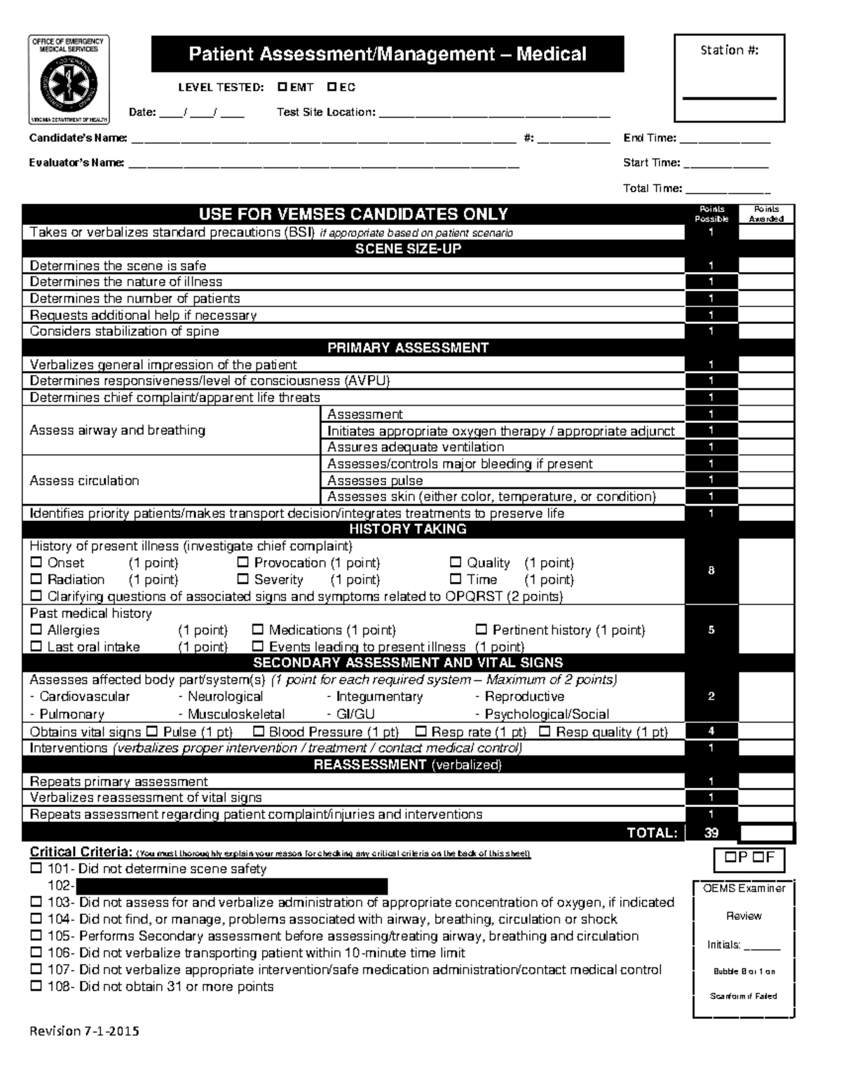 EMT Psychomotor Check Sheets ALL - LEVEL TESTED: EMT EC Date ...