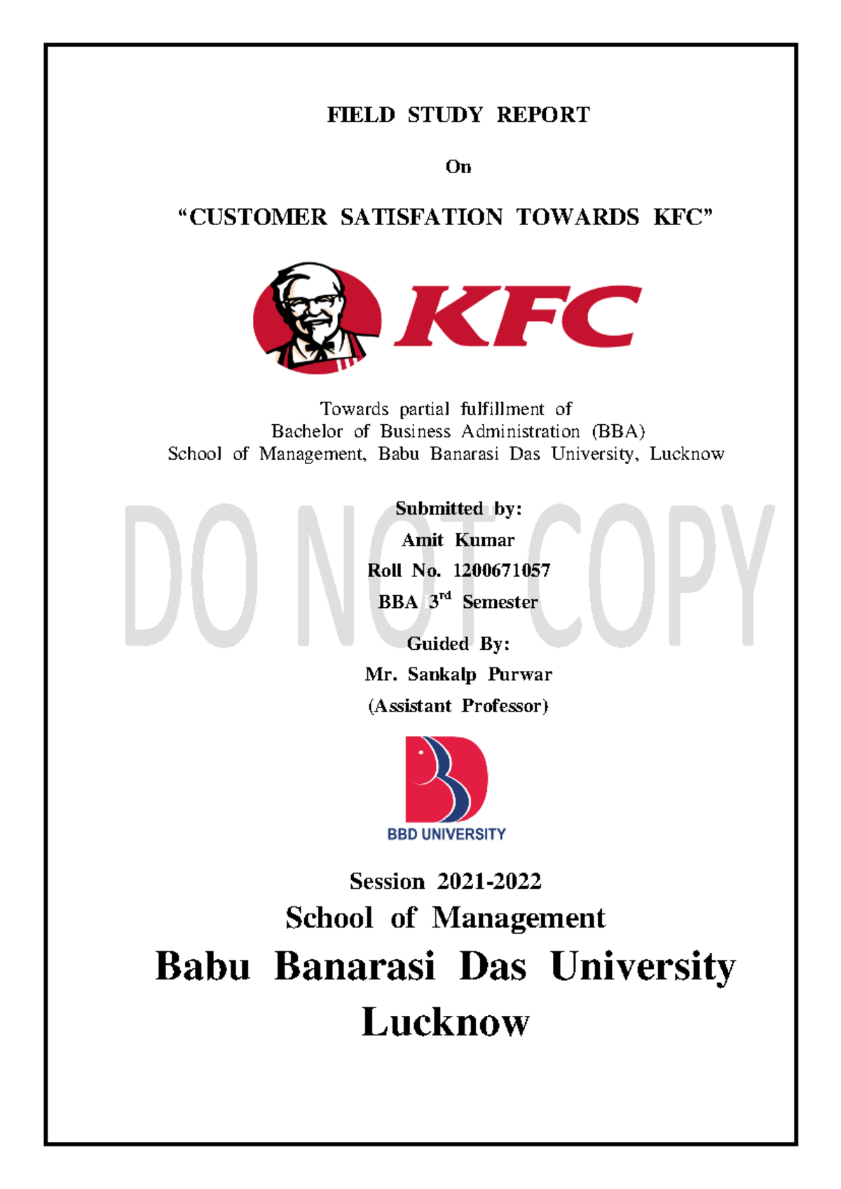 KFC - Project report - FIELD iSTUDY iREPORT On “CUSTOMER iSATISFATION ...