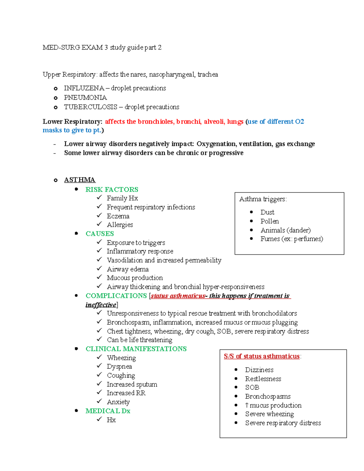 Medsurg Respiratory Diseases - MED-SURG EXAM 3 Study Guide Part 2 Upper ...