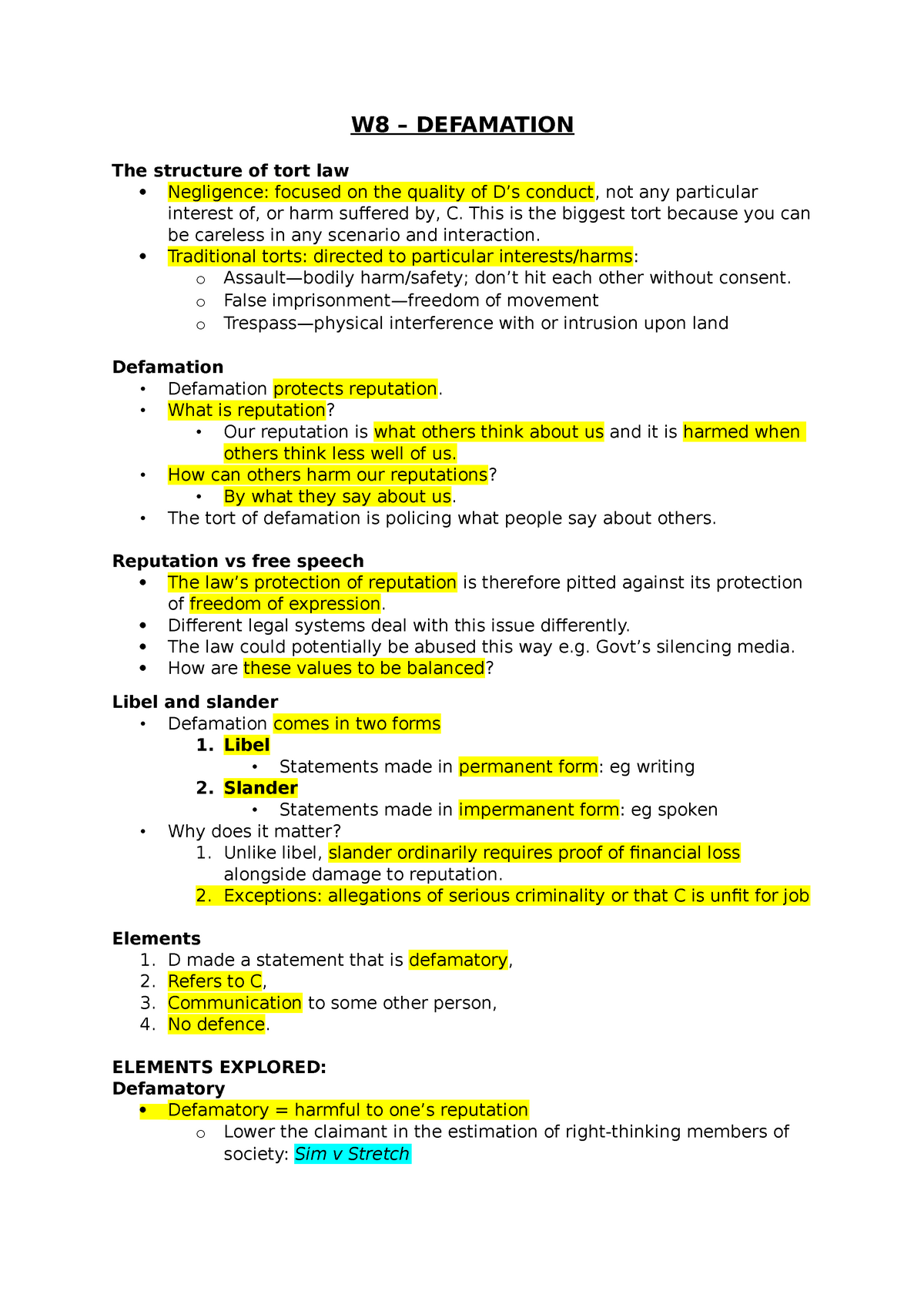 Torts Lecture 8 Defamation Studocu