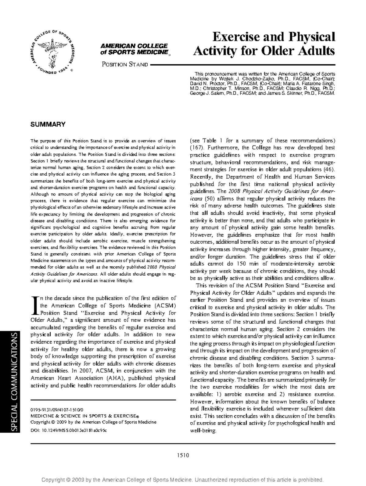 Acsm Position Stand Exercise And Physical Activity For Older Adults 