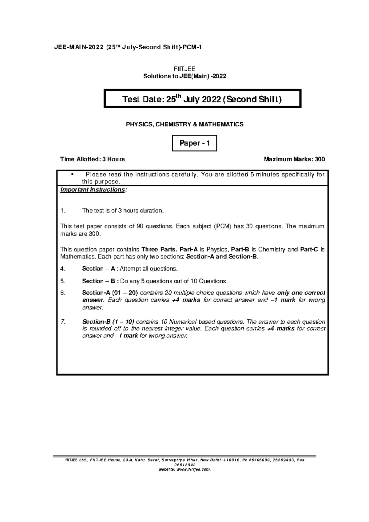 Review Test1 (Main) 08012024 JEEMAIN 2022 ( 25 JulySecond Shift