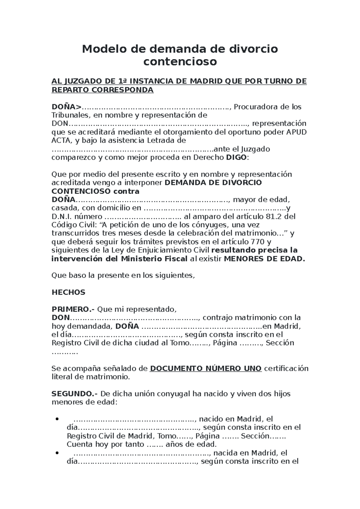 Modelo DE Demanda Divorcio - Modelo de demanda de divorcio contencioso AL  JUZGADO DE 1ª INSTANCIA DE - Studocu