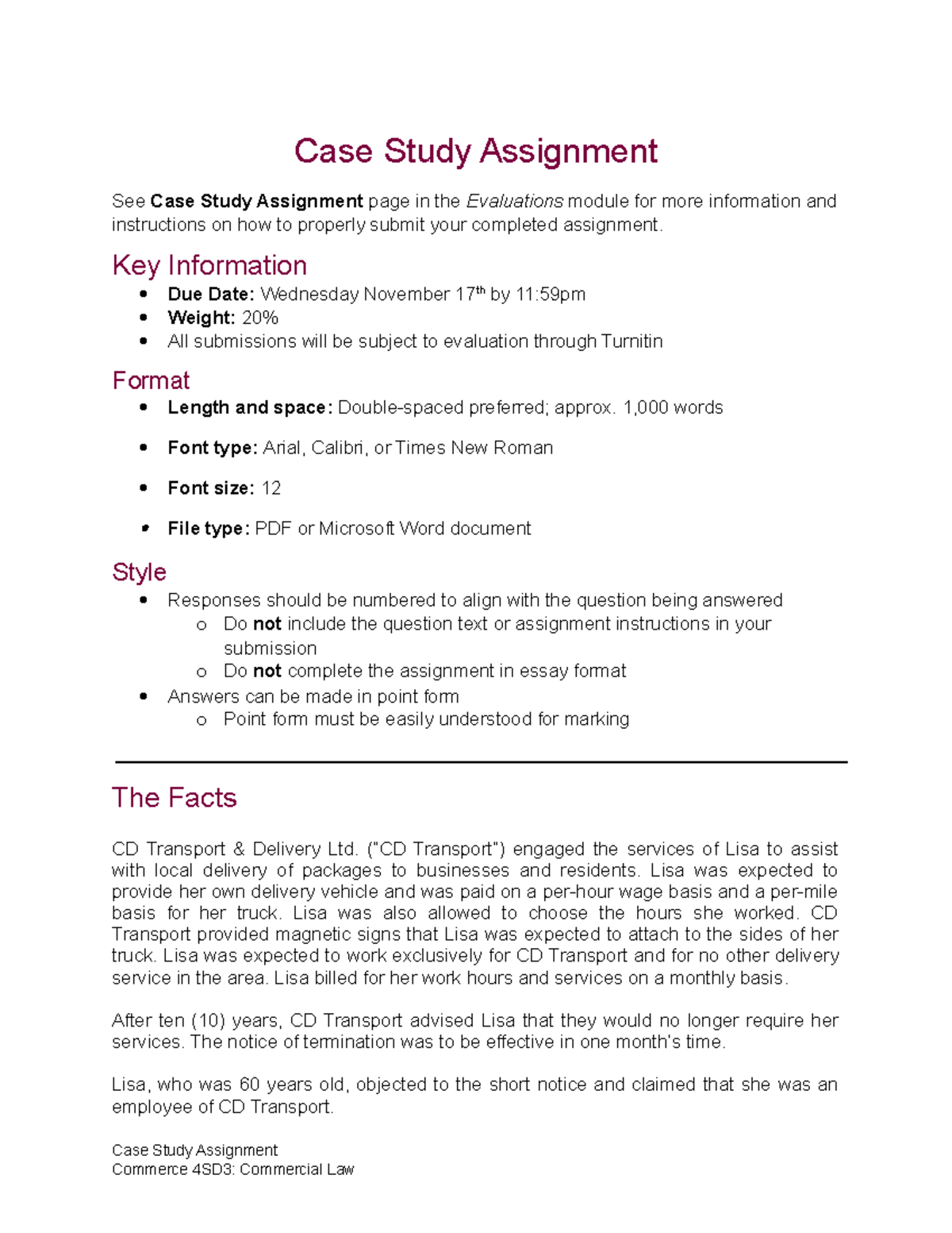 Case Study Assignment - Facts and Questions - Fall 2021 - Commerce 4Sd3 ...