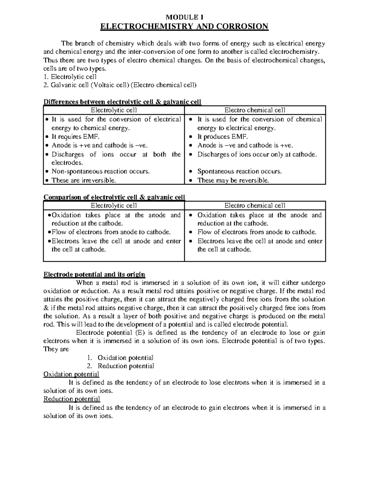 Engineering Chemistry Module 1 - MODULE I ELECTROCHEMISTRY AND ...
