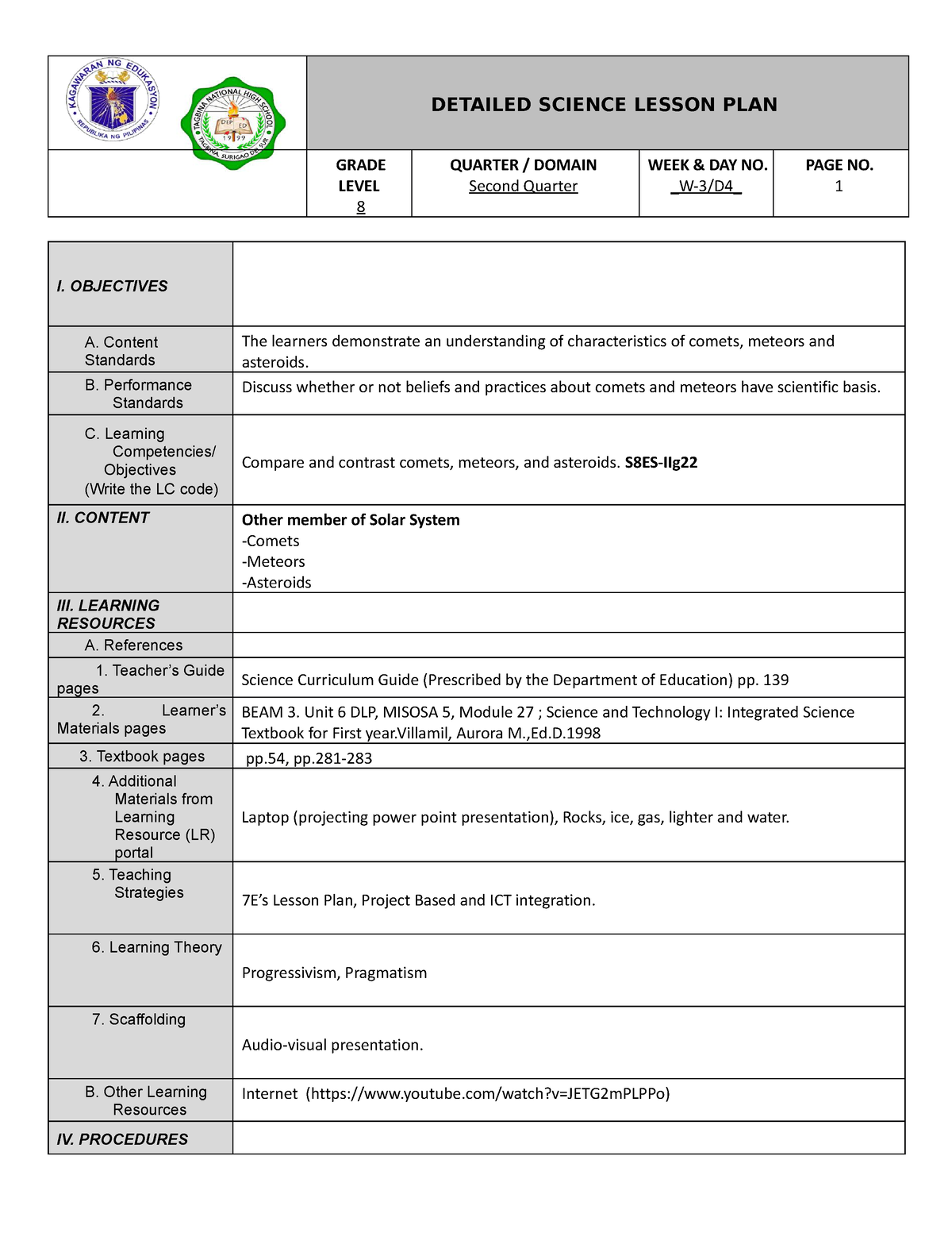 7Es-Lesson-Plan - GRADE 7 LESSON PLAN - I. OBJECTIVES A. Content ...