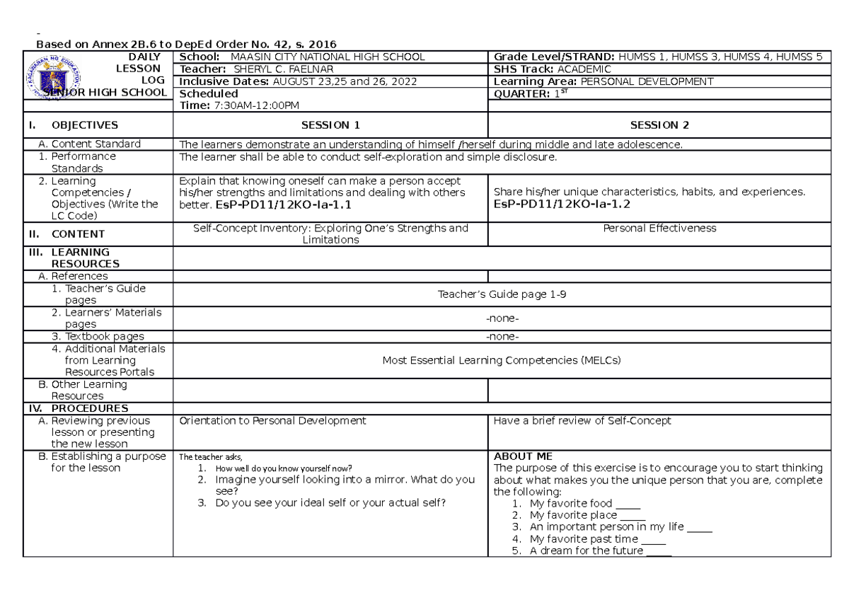 Perdev-week-1 - Perdev - Based On Annex 2b To Deped Order No. 42, S 