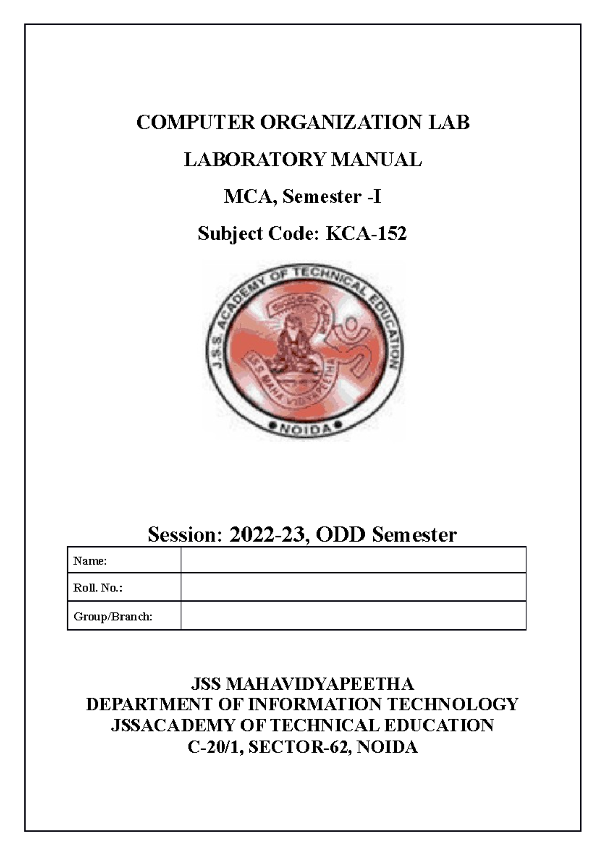 CO Lab Manual final 202223 (MCA I) COMPUTER ORGANIZATION LAB