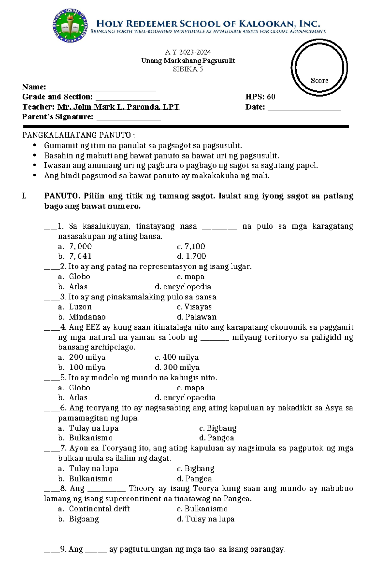 Sibika-5-1st exam sample - A 2023- Unang Markahang Pagsusulit SIBIKA 5 ...