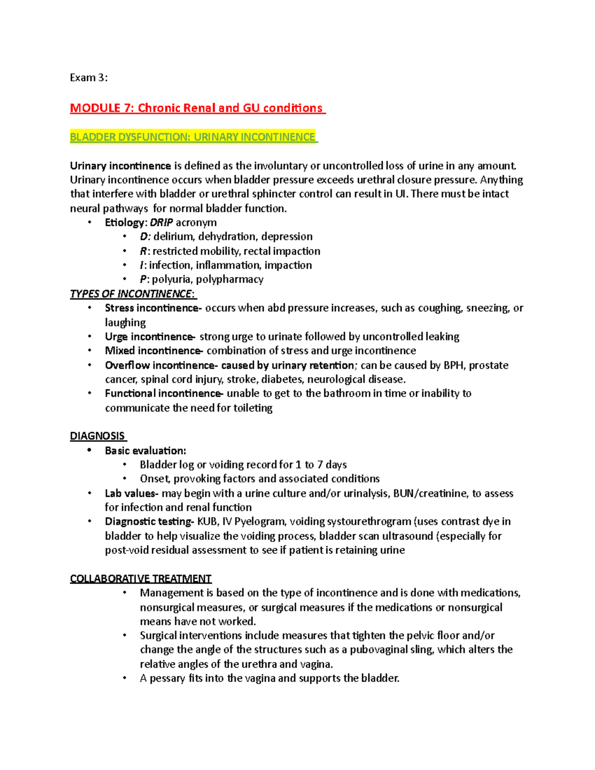 Exam 3 - combined notes - Exam 3: MODULE 7: Chronic Renal and GU ...