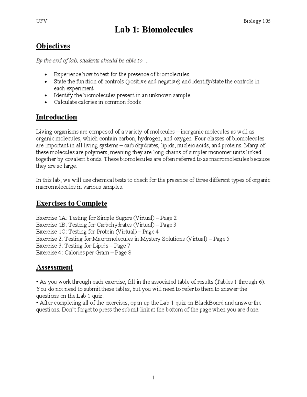 Lab #1 Biology 105 - Lab 1: Biomolecules Objectives By the end of lab ...