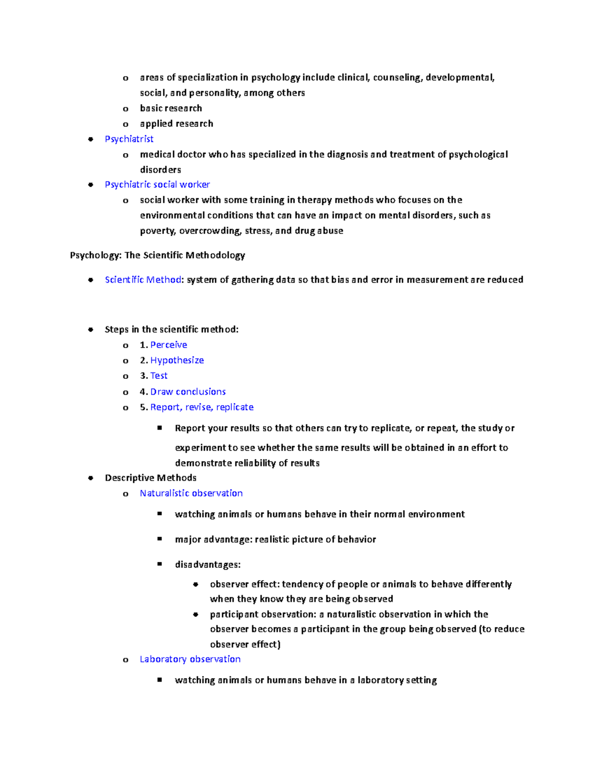 Part 2.2 Chapter 1 o areas of specialization in psychology include