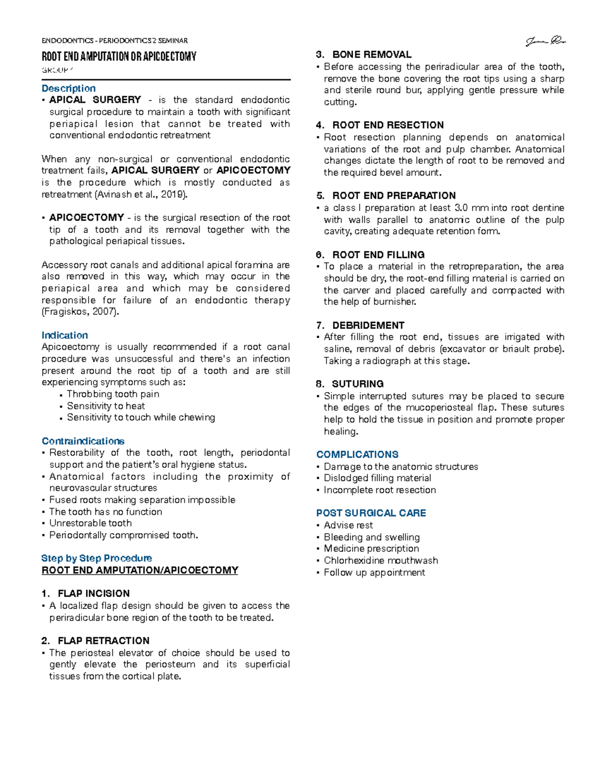 EndoPerio 2 Reportings ROOT END AMPUTATION OR APICOECTOMY Group 1