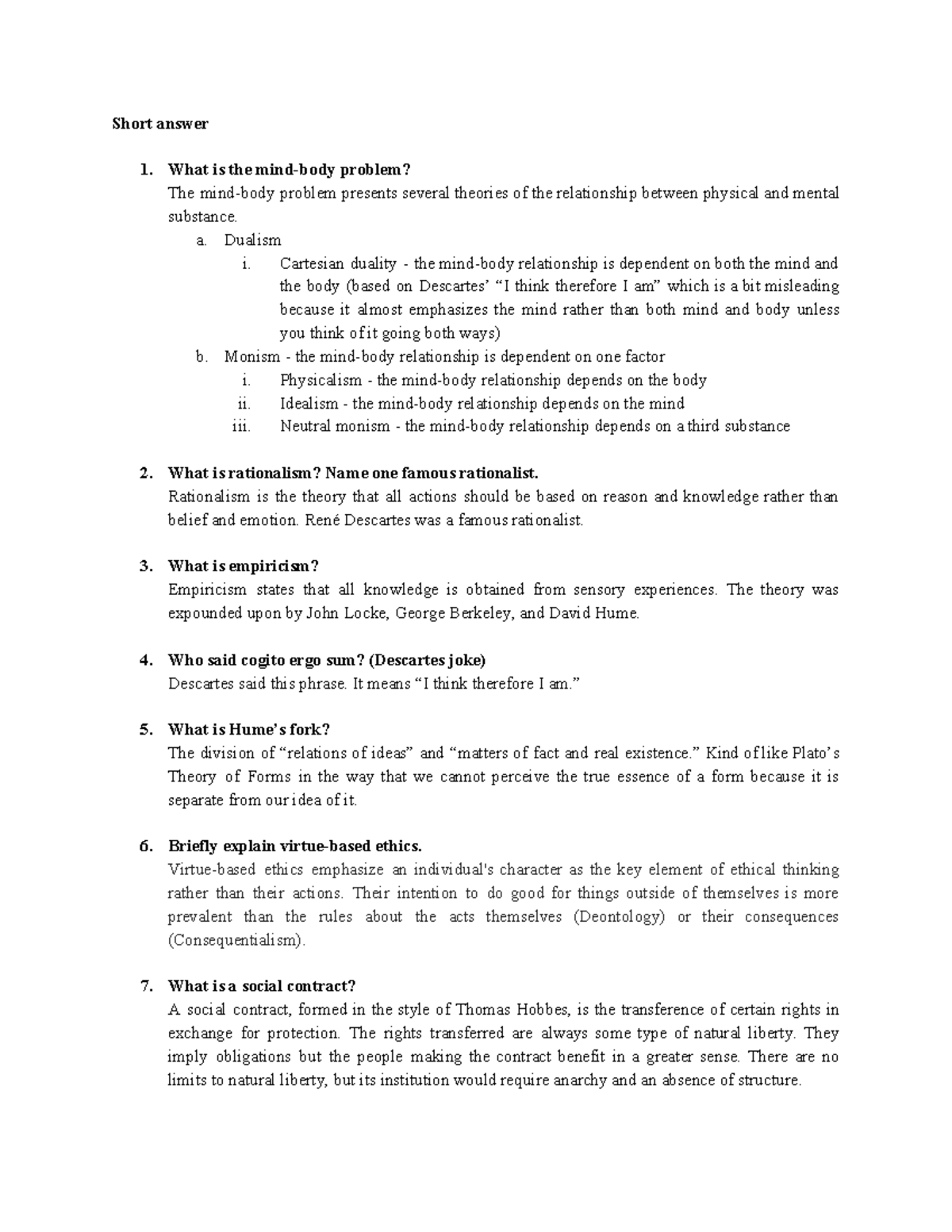 Philosophy Exam Review Short Answer 1 What Is The Problem The