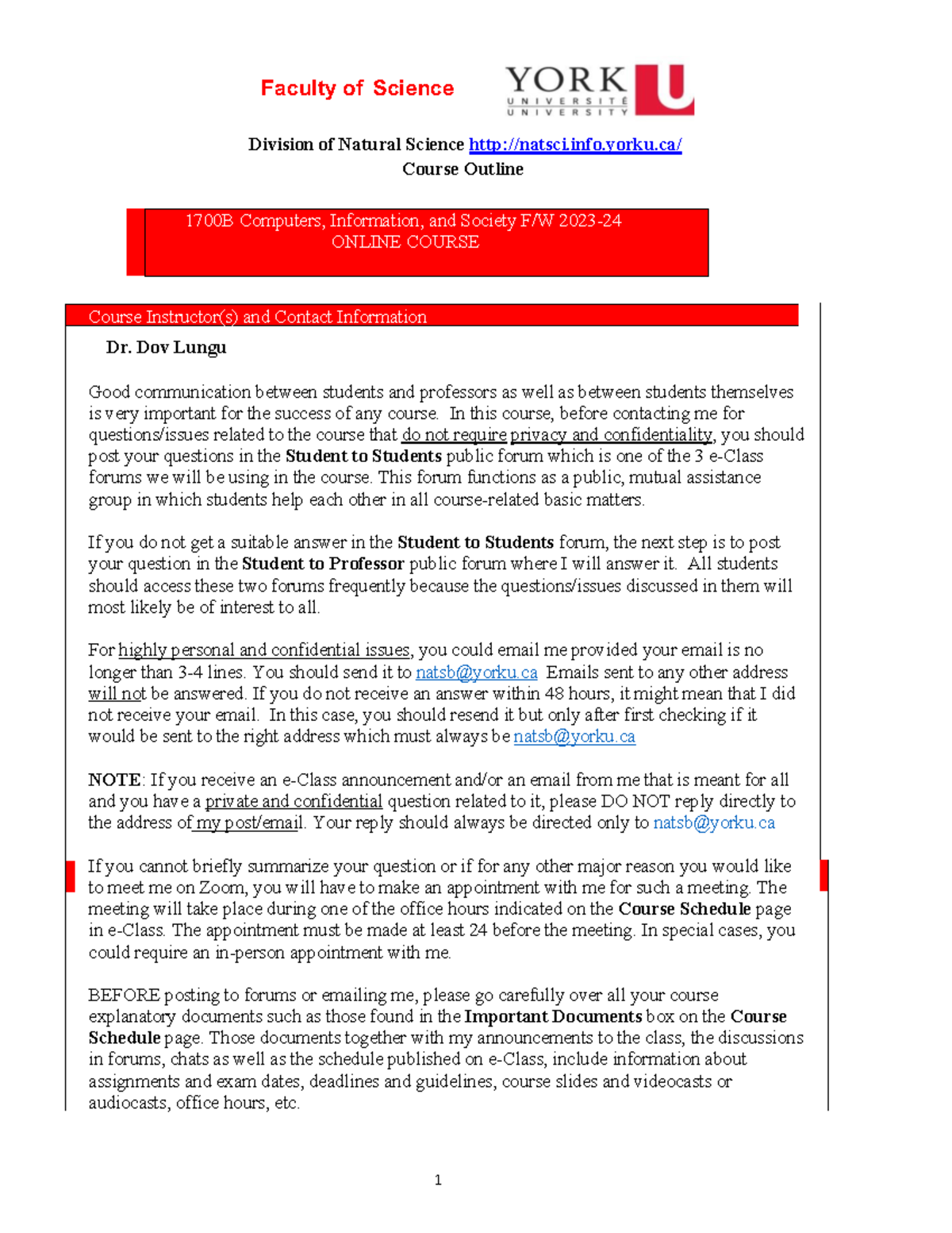 NATS 1700BA Course Outline 202324 Division of Natural Science natsci