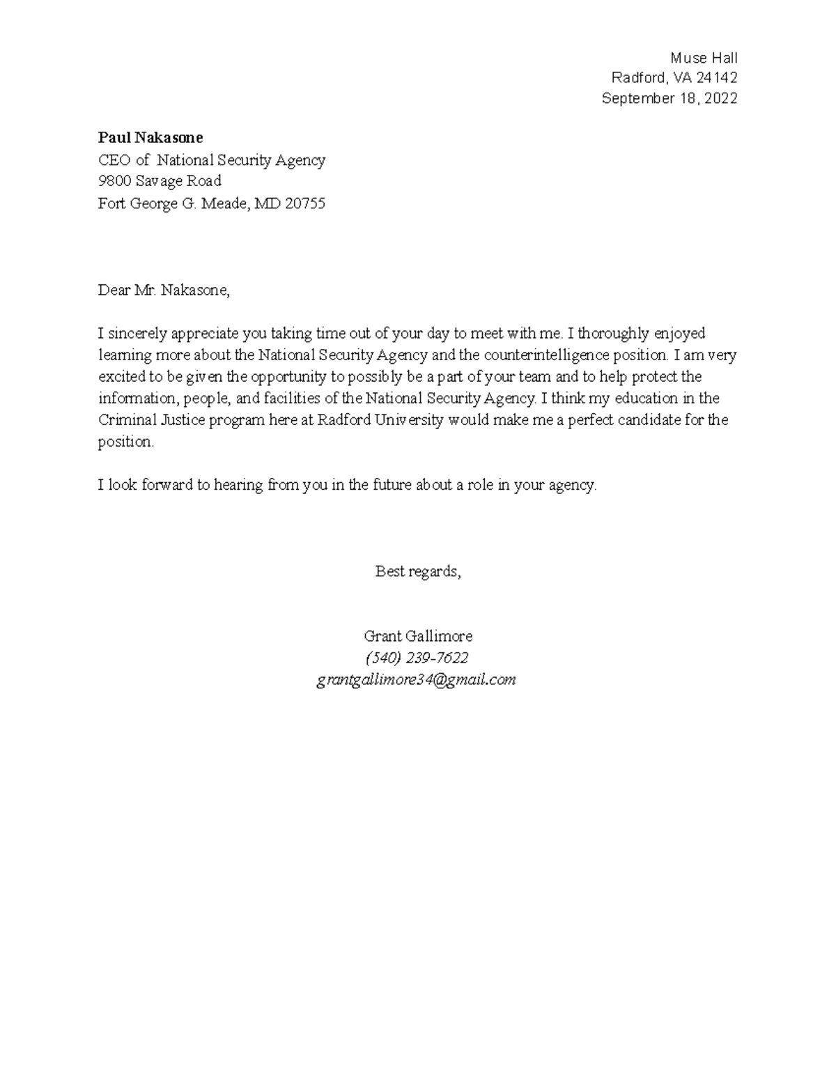 Thank You Letter - Muse Hall Radford, VA 24142 September 18, 2022 Paul ...