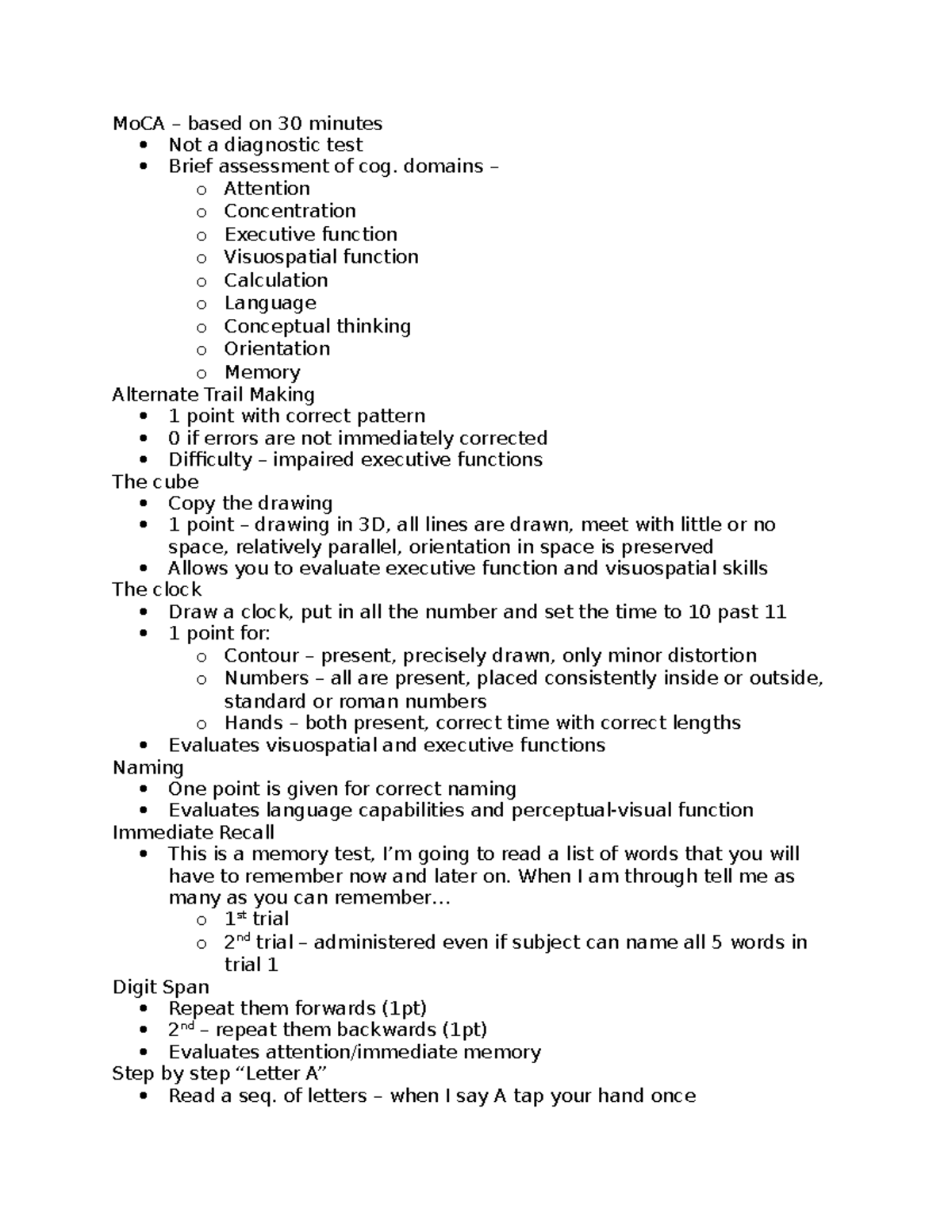 Mo CA - MoCA notes - MoCA – based on 30 minutes Not a diagnostic test ...