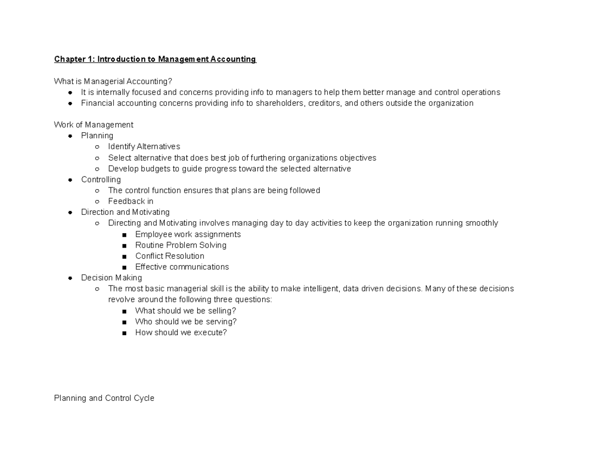 Managerial Accounting Final Exam Guide - Chapter 1: Introduction To ...