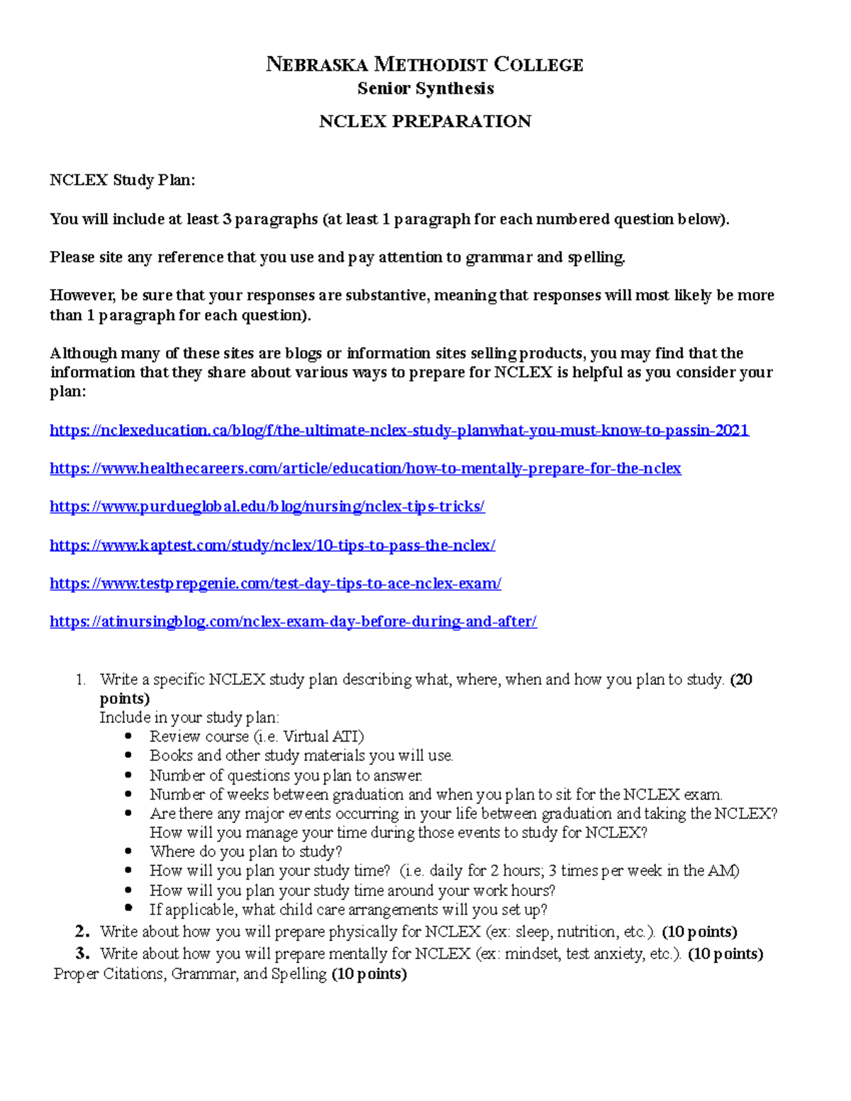 Nclex Study Plan n/a NEBRASKA METHODIST COLLEGE Senior Synthesis