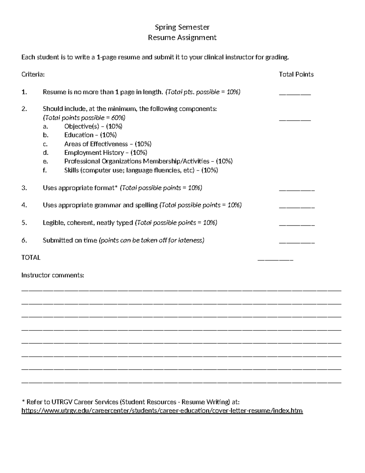 Resume Grading Criteria - Spring Semester Resume Assignment Each ...