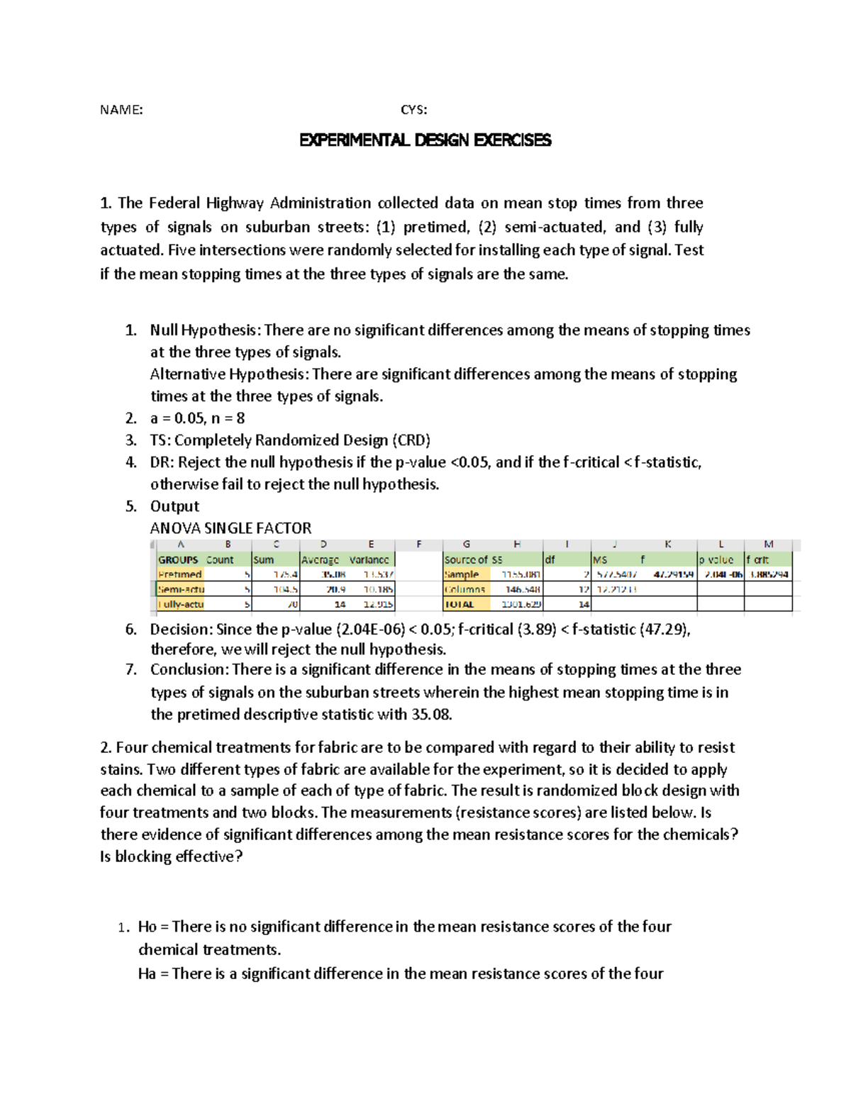 Experimental Design - NAME: CYS: EXPERIMENTAL DESIGN EXERCISES The ...