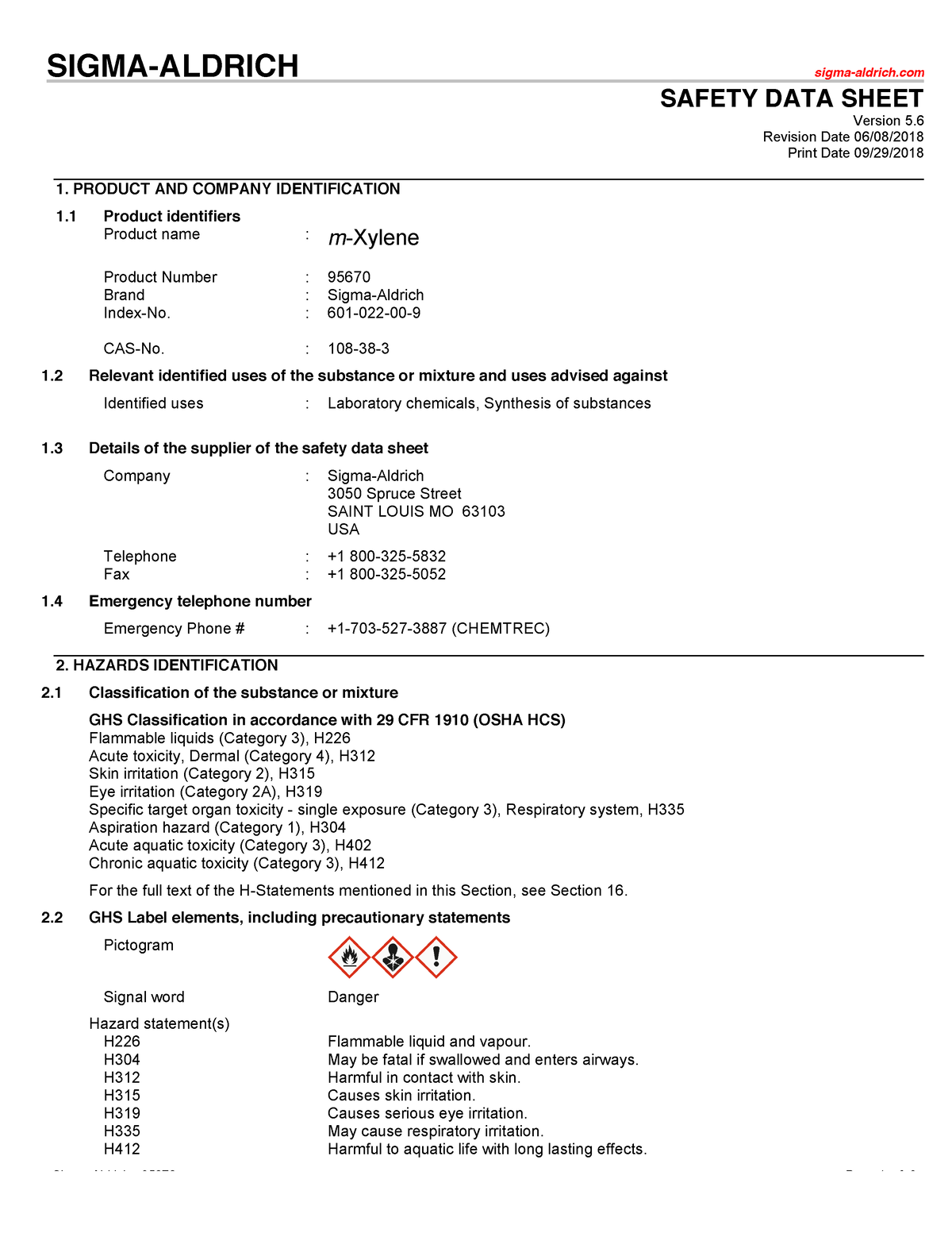 M-xylene SDS - SDS of chemicals - SIGMA-ALDRICH sigma-aldrich SAFETY